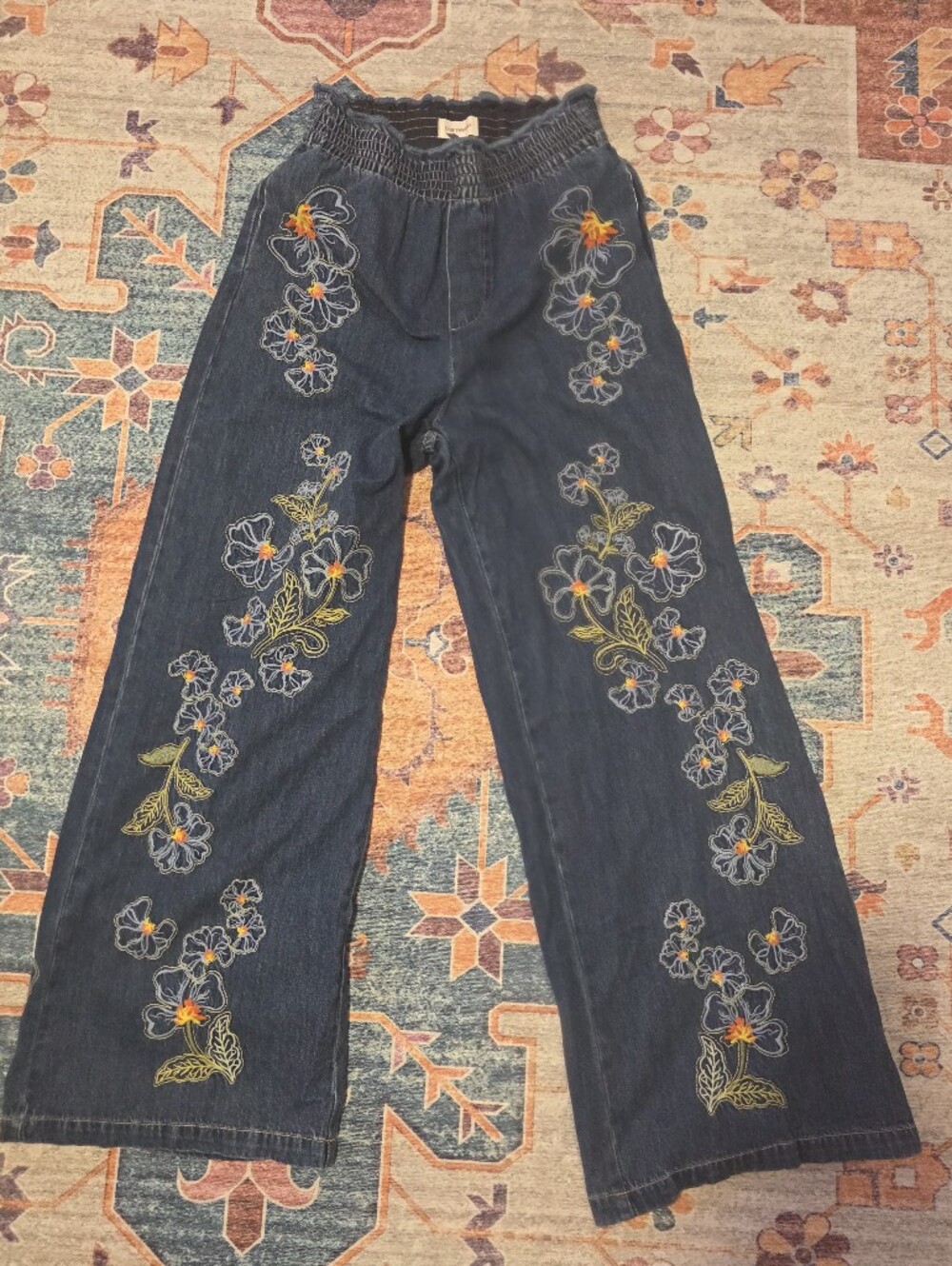 Anthropologie Driftwood Embroidered Wide Leg Jeans